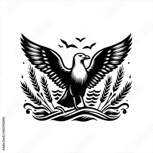 Majestic eagle with wings spread over wheat and water emblem