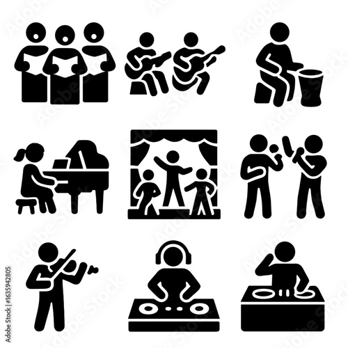 Musical Icon Set. Solid style icons of musical recreation: community choir, guitar jam circle, percussion play, piano recital,