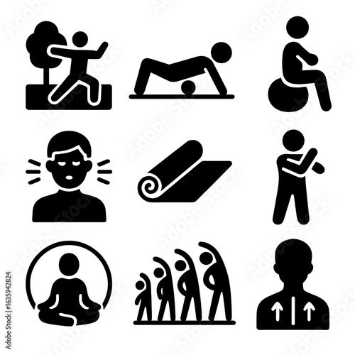 Solid Wellness Icons. Solid style icons of wellness and stretching: tai chi in park, foam roller use, balance ball exercise, deep