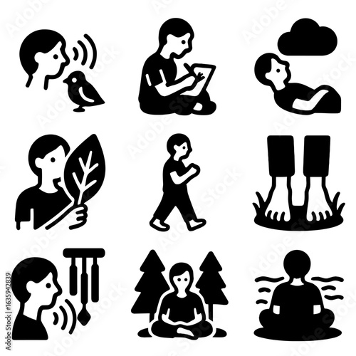 Mindful Nature Icons. Solid style icons of nature and outdoor mindfulness: bird listening, nature sketching, cloud gazing, leaf