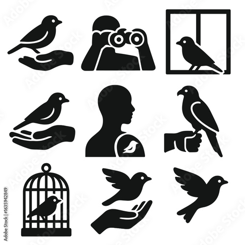 Human-Bird Connections. Solid style icons of bird interaction with humans: bird on hand, birdwatching binoculars, feeding from