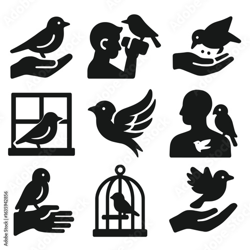 Human-Bird Connections. Solid style icons of bird interaction with humans: bird on hand, birdwatching binoculars, feeding from