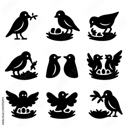 Bird Nesting Icons. Solid style icons of birds in nesting season: carrying twigs, guarding eggs, feeding chicks, cleaning nest,