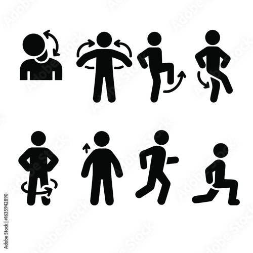 Warm-Up Exercise Icons. Solid style icons of warm-up exercises: neck roll, arm circles, leg swing, hip opener, ankle rotation,