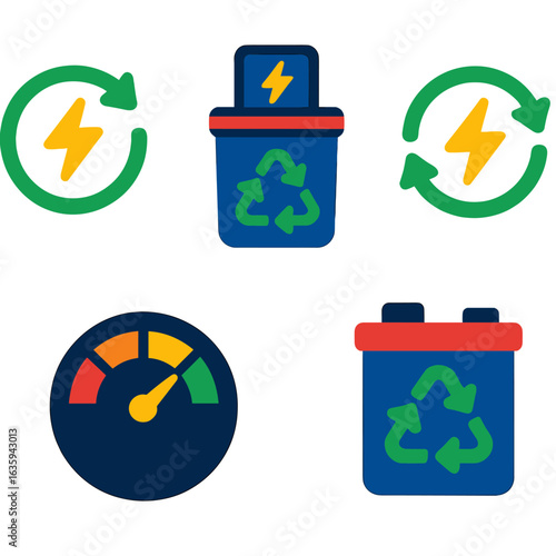 Energy Recycling Icons. Flat vector icons of energy recycling: power reuse loop, smart recycling station, energy recovery symbol.