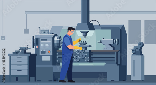 Mechanic operates a machine wearing eye protection and gloves inside industry room