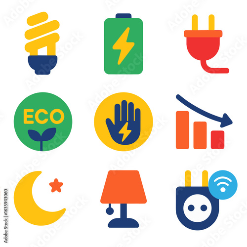 Eco Energy Icons. Flat vector icons of energy saving: energy-efficient bulb, low-power mode, plug unplugged. eco badge, save