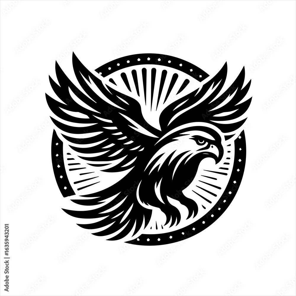 Fototapeta premium Black and white stylized eagle emblem with wings spread wide