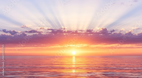 穏やか光輝く海面 朝焼けの美しい情景. AI Generated