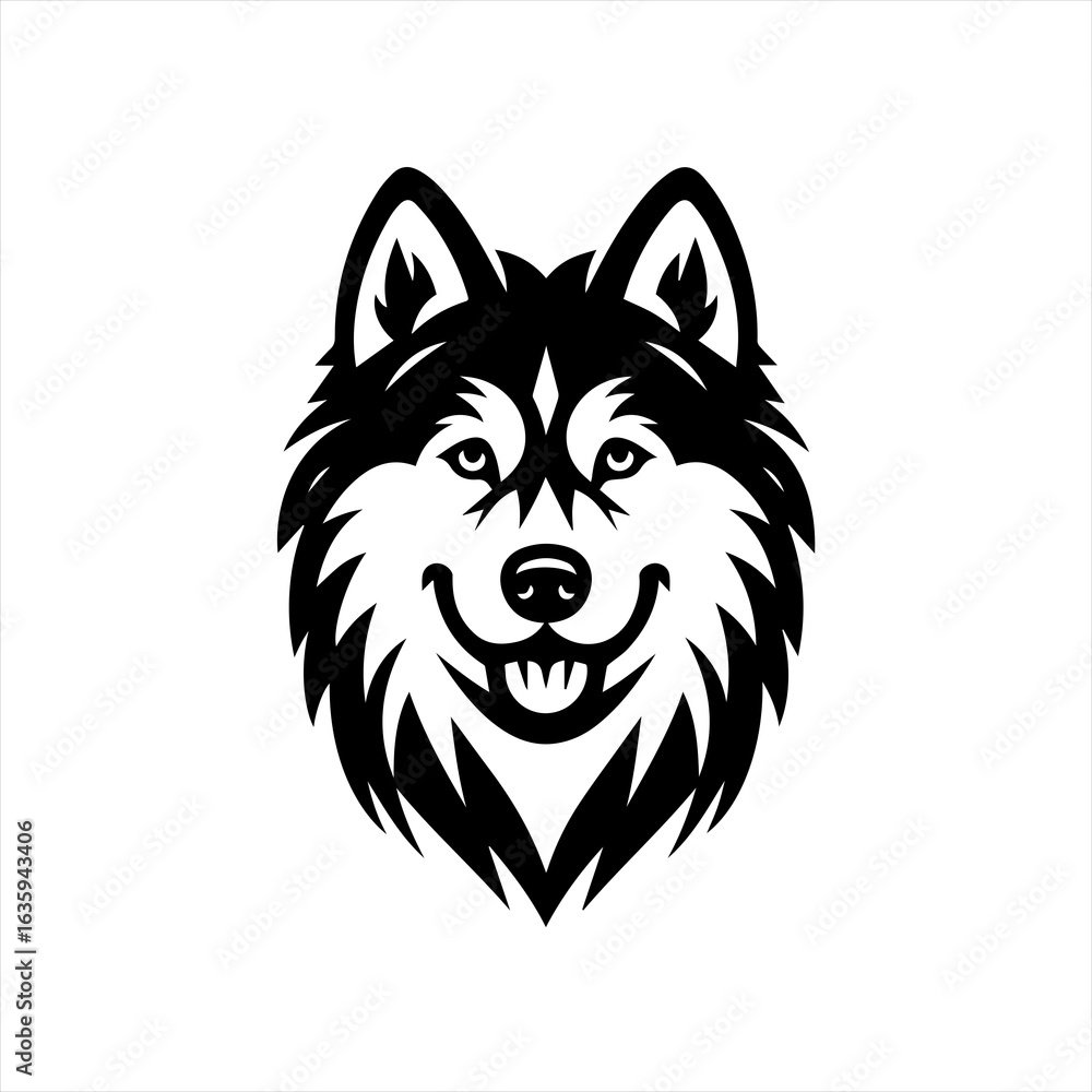 Fototapeta premium Stylized black and white husky dog face logo with a happy expression