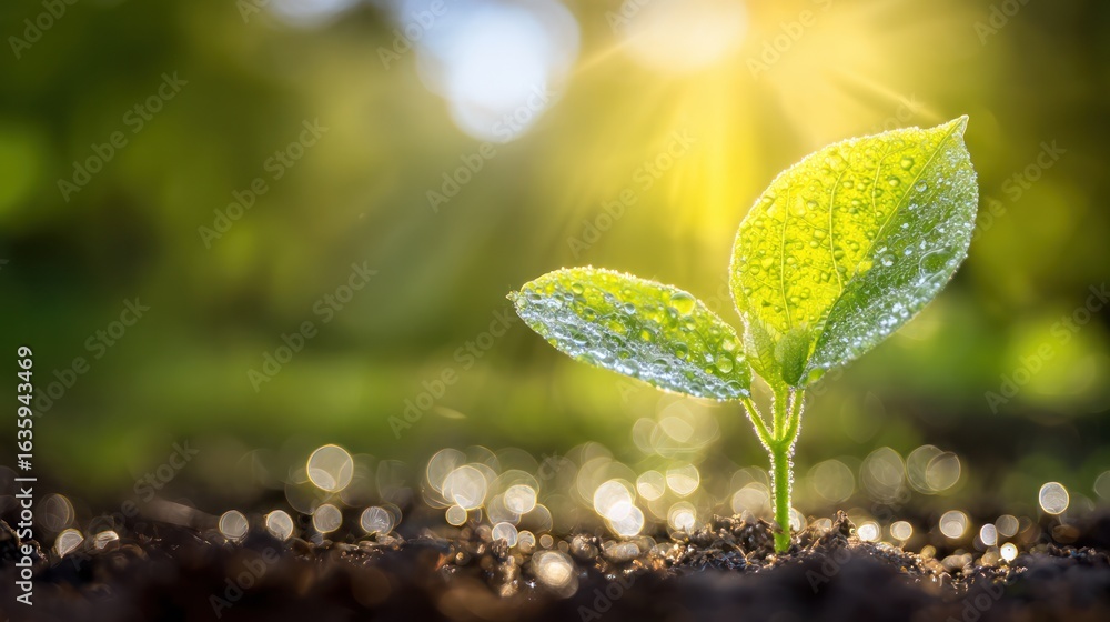 Fototapeta premium Close-up of young green plant with dewdrops, bathed in soft light and thriving through photosynthesis