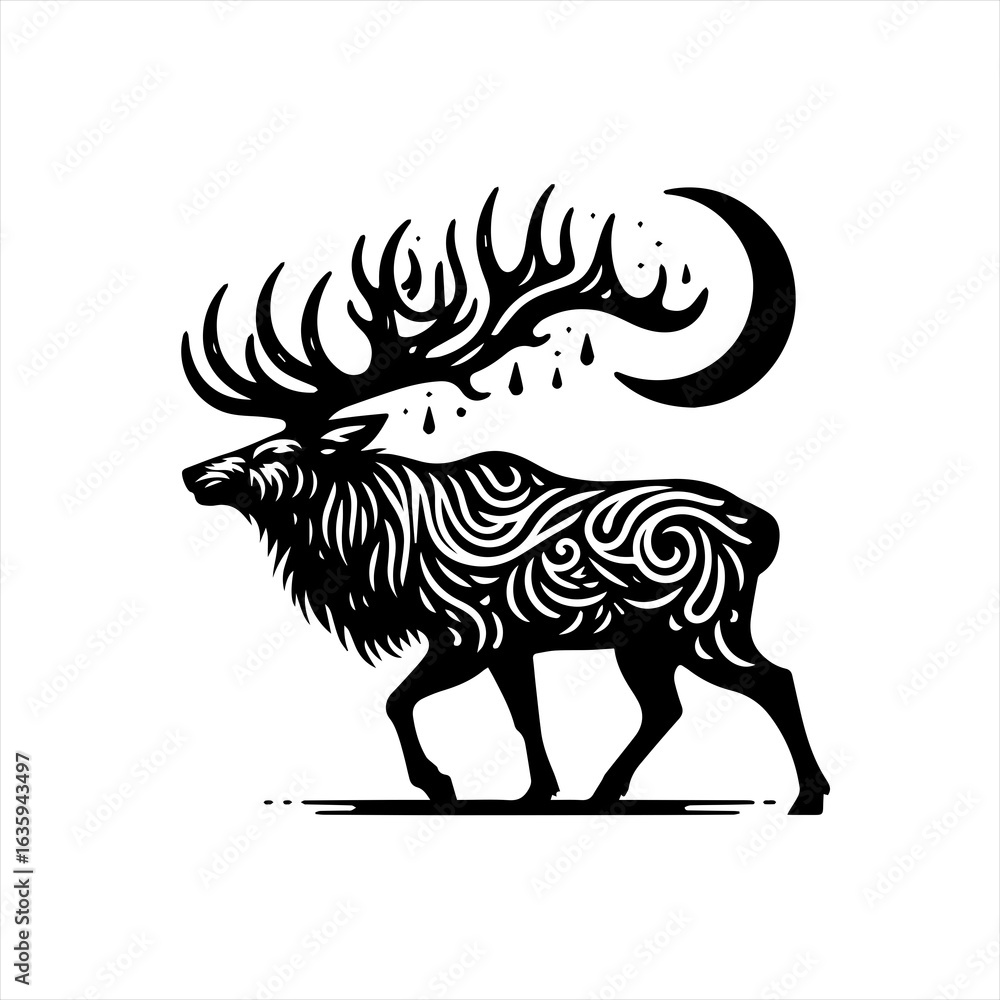 Obraz premium Stylized elk with ornate antlers and crescent moon