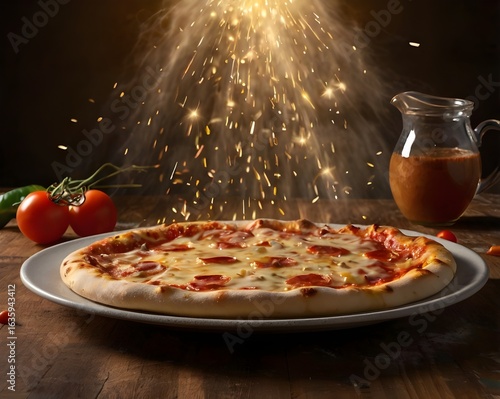 Pizza's Festive Presentation: An appetizing pizza is presented on a plate, garnished with fresh tomatoes, sauce, and peppers, and animated with sparks against a rustic, wooden setting.