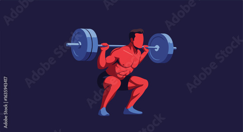 Person performing squat lift. Red skin, blue weights, and dark background colors used