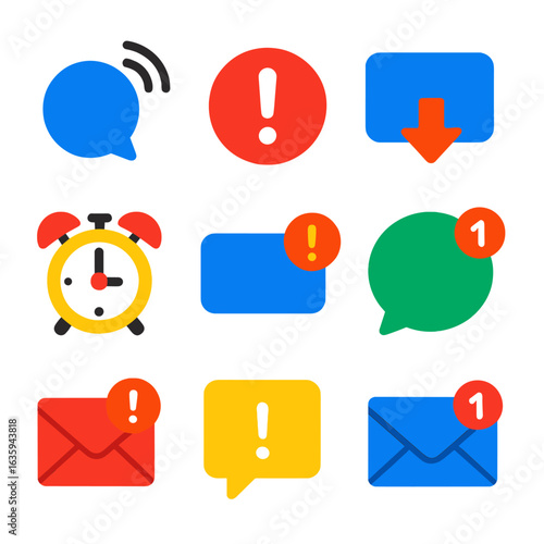 Minimalist Notification Icons. Flat vector icons of interaction notifications: ping bubble, badge alert, incoming message.