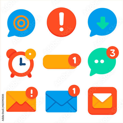 Minimalist Notification Icons. Flat vector icons of interaction notifications: ping bubble, badge alert, incoming message.