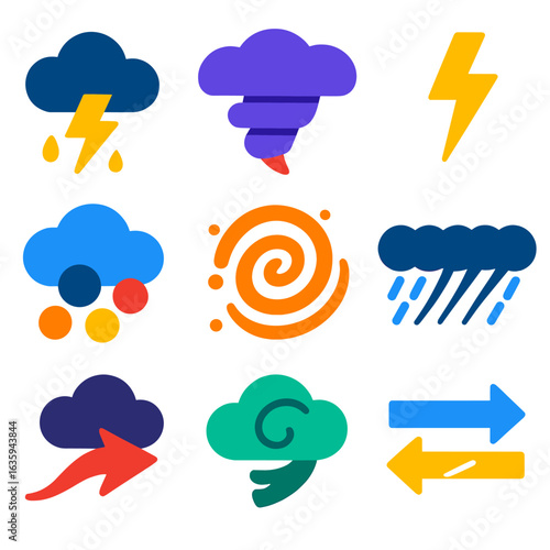 Vibrant Storm Icons. Flat vector icons of storm types: thunderstorm cell, supercell structure, lightning icon, hailstorm impact,