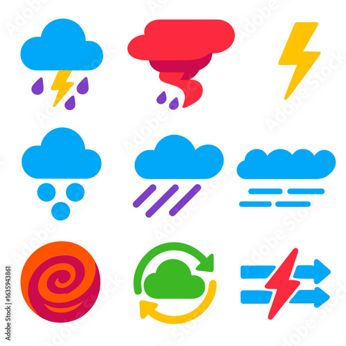 Vibrant Storm Icons. Flat vector icons of storm types: thunderstorm cell, supercell structure, lightning icon, hailstorm impact,