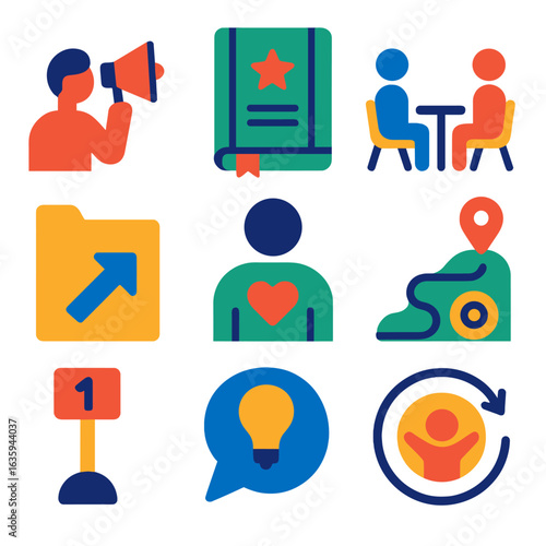 Wellness Coaching Icons. Flat vector icons of wellness coaching: coach with megaphone, guided journal, one-on-one session,