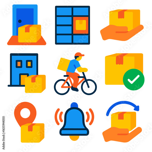 Last Mile Delivery Icons. Flat vector icons of last mile delivery: doorstep box, smart locker icon, delivery in hand, apartment