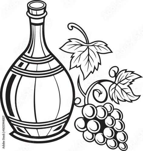 Vintage Wine Bottle with Grapes Vector – Vineyard, Winery, Alcohol Icon Art