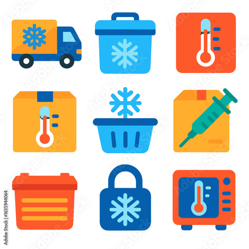 Cold Chain Icons. Flat vector icons of cold chain logistics: refrigerated truck, cold storage box, temperature-sensitive label,