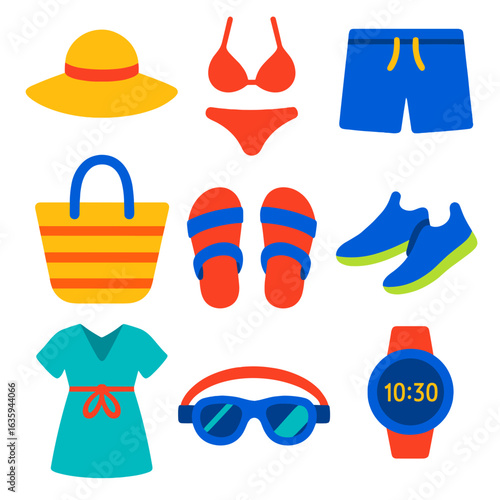 Bright Beachwear Icons. Flat vector icons of beachwear and accessories: beach hat, bikini, swim trunks, beach bag, sandals, water