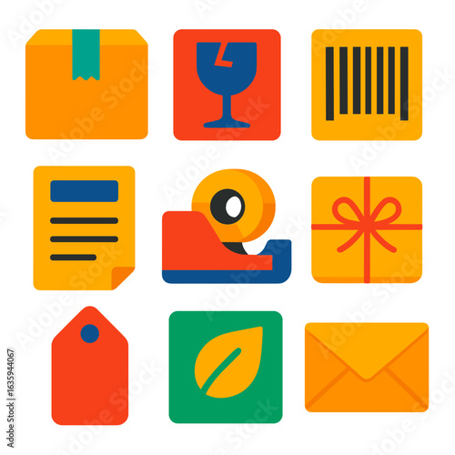 Modern Packaging Icons. Flat vector icons of packaging and labeling: taped box, fragile label, barcode label, packing slip, tape