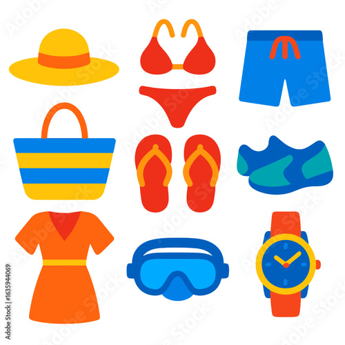 Bright Beachwear Icons. Flat vector icons of beachwear and accessories: beach hat, bikini, swim trunks, beach bag, sandals, water