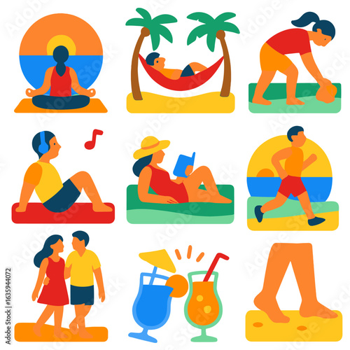 Beach Lifestyle Icons. Flat vector icons of beach lifestyle: sunset yoga, hammock nap, shell collecting, couple walk on sand,