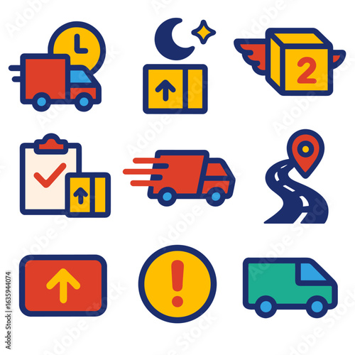 Delivery Speed Icons. Flat vector icons of delivery speed options: same-day truck, overnight delivery, two-day package, scheduled