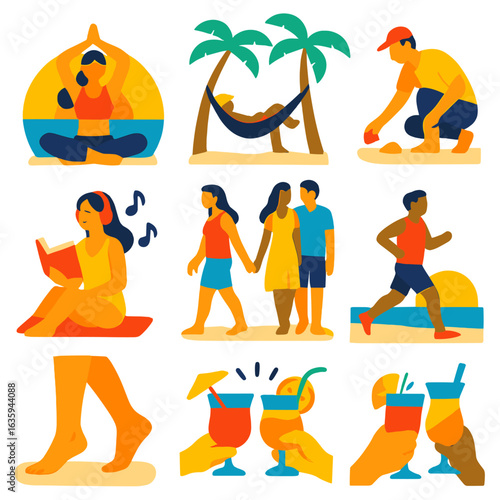 Beach Lifestyle Icons. Flat vector icons of beach lifestyle: sunset yoga, hammock nap, shell collecting, couple walk on sand,