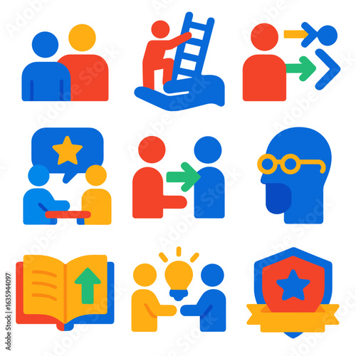 Mentorship Icon Set. Flat vector icons of mentorship and guidance: mentor and mentee, support ladder, coaching arrows, feedback