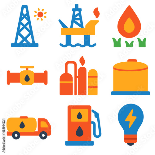 Oil and Gas Icons. Flat vector icons of oil and gas production stages: exploration rig, drilling platform, extraction icon,