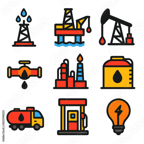 Oil and Gas Icons. Flat vector icons of oil and gas production stages: exploration rig, drilling platform, extraction icon,