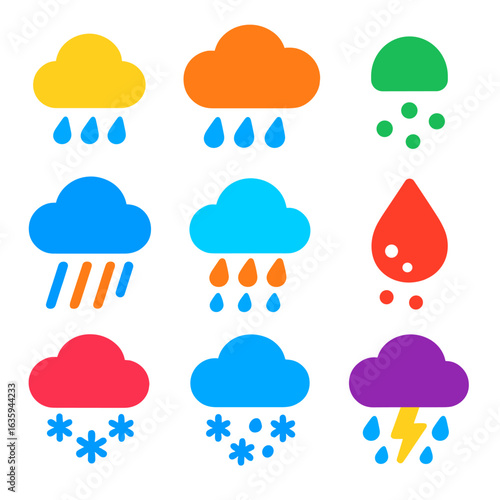 Weather Icon Set. Flat vector icons of precipitation types: light rain icon, heavy rain cloud, drizzle symbol, sleet mix icon,