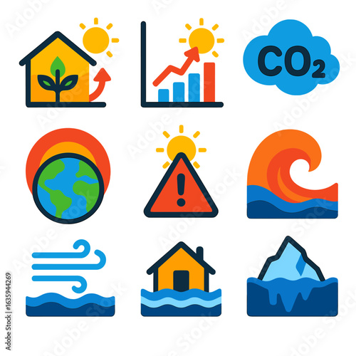 Climate Science Icons. Flat vector icons of climate and atmospheric science: greenhouse effect icon, global warming chart, CO2