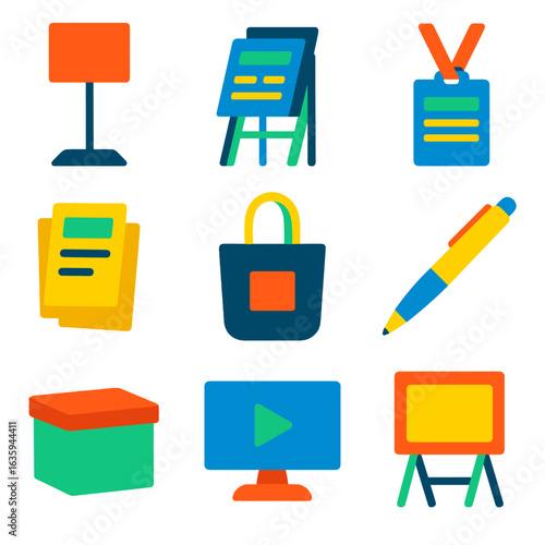 Exhibition Icon Set. Flat vector icons of exhibition and expo items: display stand, brochure rack, flyer stack, event badge,