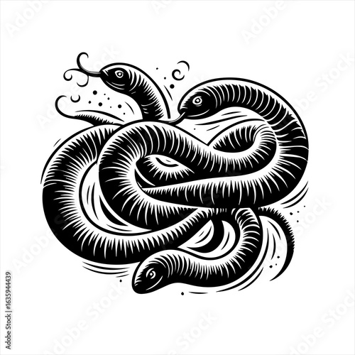 Stylized black and white illustration of a hydra snake