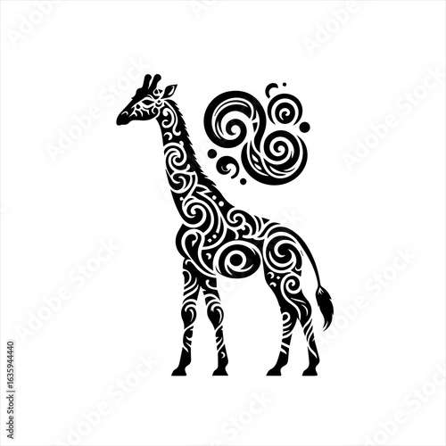 Stylized black giraffe silhouette with swirling patterns