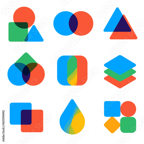 Bold Geometric Icons. Flat vector icons of colorful form combinations: shape mix icon, interlocking circles, overlapping triangles