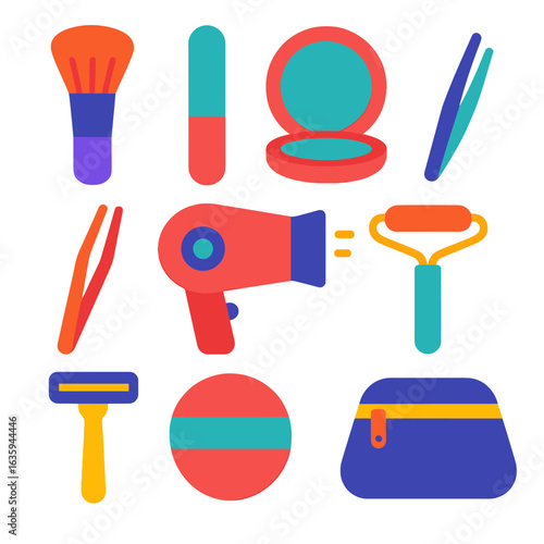 Beauty Tools Icons. Flat vector icons of beauty and grooming tools: makeup brush, nail file, mirror compact, tweezers, hair dryer,
