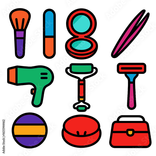 Beauty Tools Icons. Flat vector icons of beauty and grooming tools: makeup brush, nail file, mirror compact, tweezers, hair dryer,