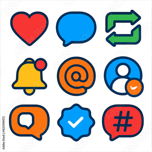 Vibrant Social Media Icons. Flat vector icons of social media interaction: like button, comment icon, repost arrows, notification