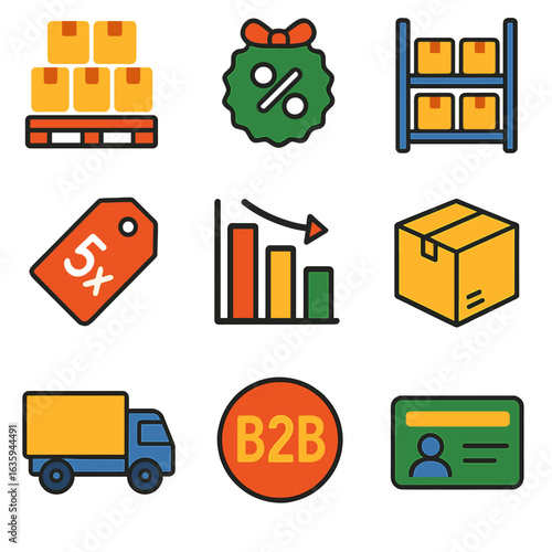 Wholesale Shopping Icons. Flat vector icons of wholesale and bulk shopping: pallet of goods, bundle discount icon, warehouse shelf