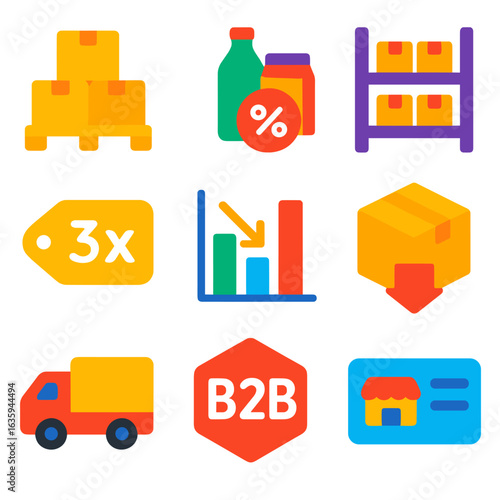 Wholesale Shopping Icons. Flat vector icons of wholesale and bulk shopping: pallet of goods, bundle discount icon, warehouse shelf