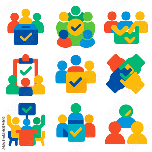 Team Voting Icons. Flat vector icons of group and team voting: team decision icon, circle of voters, vote collaboration icon, team