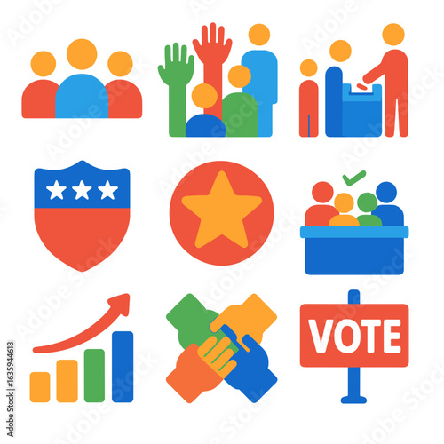 Vibrant Voting Icons. Flat vector icons of vote participation and turnout: group of voters icon, crowd with hands up, voting line
