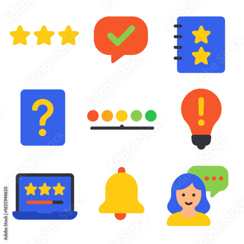 Vibrant Feedback Icons. Flat vector icons of customer feedback and quality response: rating stars, comment bubble with check,