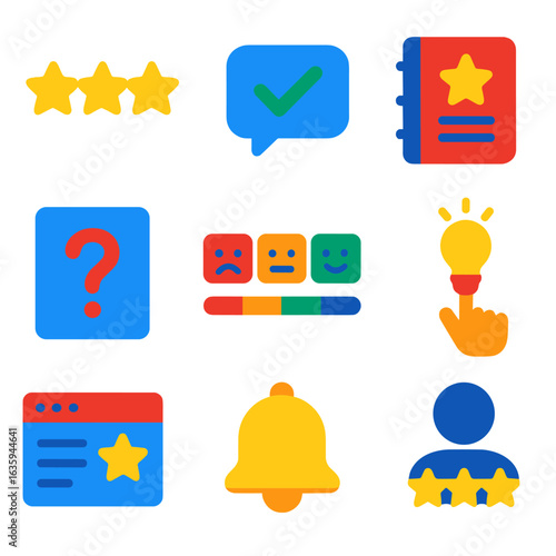 Vibrant Feedback Icons. Flat vector icons of customer feedback and quality response: rating stars, comment bubble with check,